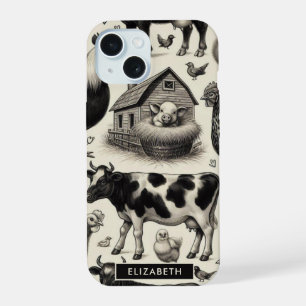Coque iPhone 15 Peinture d'animaux de ferme vintage