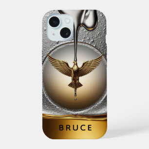 Coque iPhone 15 💛 Pendentif Aigle en Or Coulant Puissance Métal L