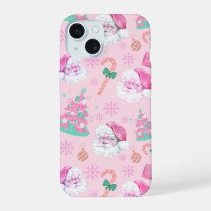 Coque iPhone 15 Père Noël de Noël rose et arbre à motifs sans cout