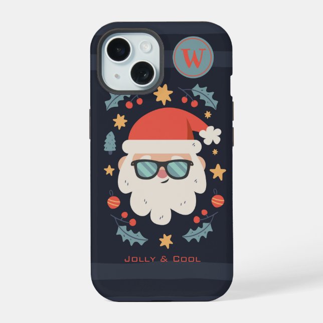 Coque iPhone 15 Père Noël Rétro Noël en Juillet Monogramme Initial (Verso)