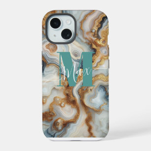 Coque iPhone 15 Perle Rose Agate Botswana Doré Monogramme Personna