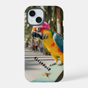Coque iPhone 15 Perroquet vibrant sur skateboard
