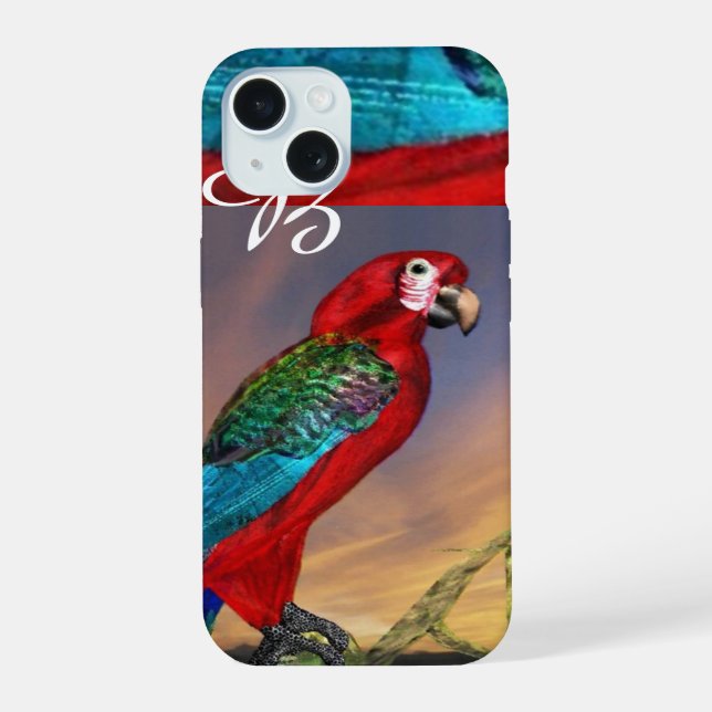 COQUE iPhone 15 PERROQUETS HYPER / ARA ROUGE MONOGRAMME (Verso)