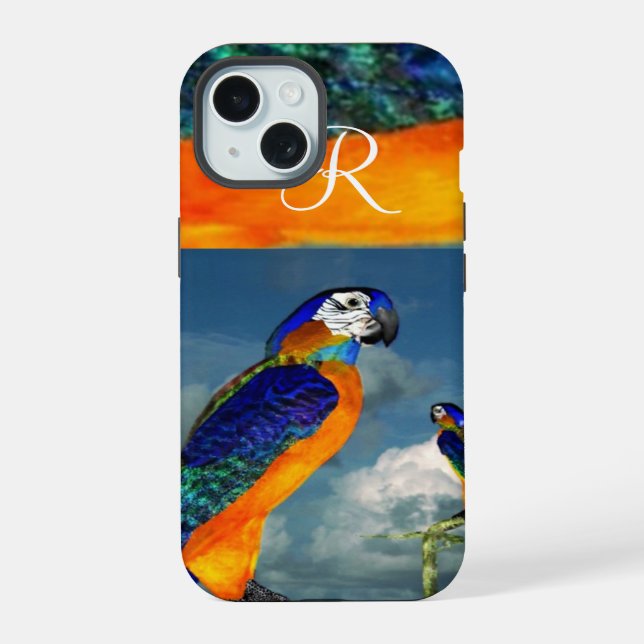 COQUE iPhone 15 PERROQUETS HYPER / MONOGRAMME ARA BLEU (Verso)