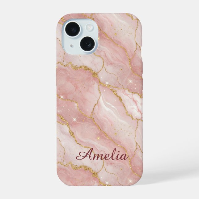 Coque iPhone 15 Personalized Modern Rose Quartz Marble Gold (Verso)