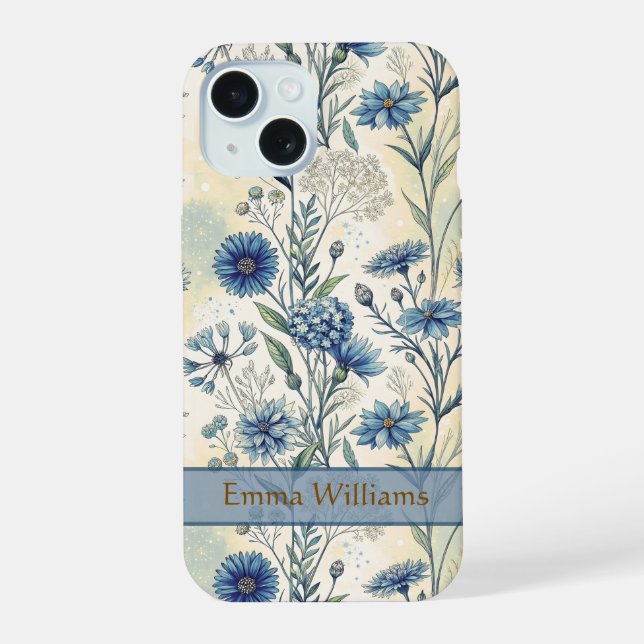 Coque iPhone 15 Personalized Name Blue Wildflowers (Verso)