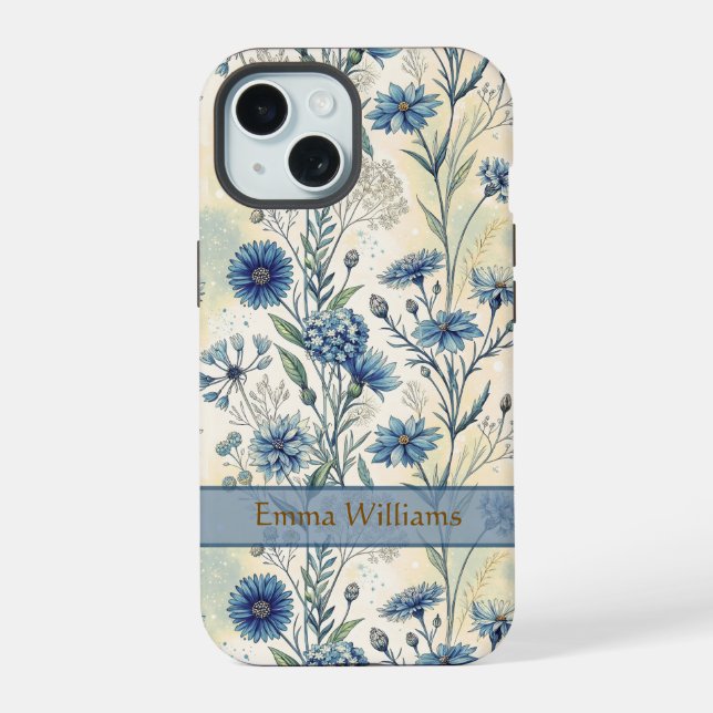 Coque iPhone 15 Personalized Name Blue Wildflowers (Verso)