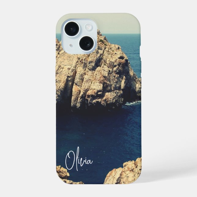 Coque iPhone 15 personalized rocky shore line beach side - typo (Verso)