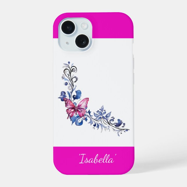 Coque iPhone 15 Personnalisé Pretty Rose Butterfly iPhone 15 Coque (Verso)