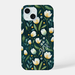 Coque iPhone 15 Personnalisez des tulipes blanches et une composit