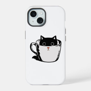 Coque iPhone 15 Petit chat noir avec un nez rouge se cachant dans