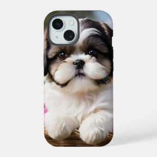 Coque iPhone 15 Petite Tzu Chiot Panier Fleurs