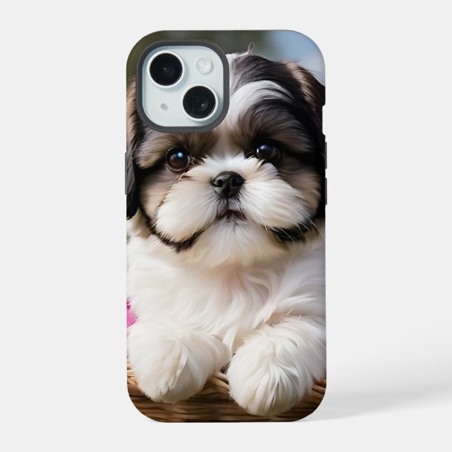 Coque iPhone 15 Petite Tzu Chiot Panier Fleurs (Verso)