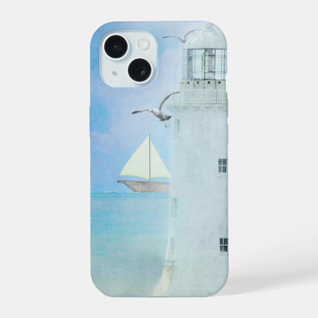 Coque iPhone 15 phare blanc avec voilier (Verso)