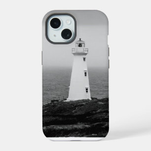 Coque iPhone 15 Phare minimaliste noir et blanc
