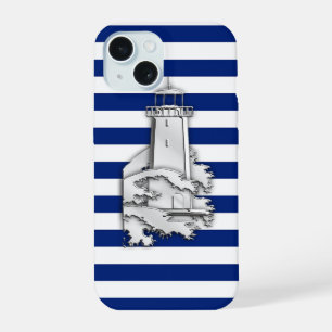 Coque iPhone 15 Phare Silver Style sur Blue Nautical Stripes