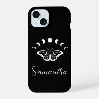 Coque iPhone 15 Phase de Lune Personnalisée Papillon de Nuit Noir