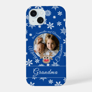 Coque iPhone 15 Photo Christmas Blue Cute Reinder White Script