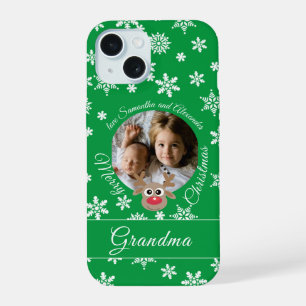 Coque iPhone 15 Photo Christmas Green Cute Reindeer White Script