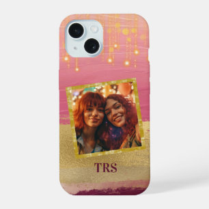 Coque iPhone 15 Photo de coups de pinceau rose or et lumières scin