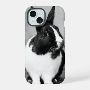 Coque iPhone 15 Photo lapin noir et blanc Personnalisable