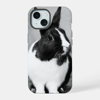 Coque iPhone 15 Photo lapin noir et blanc Personnalisable