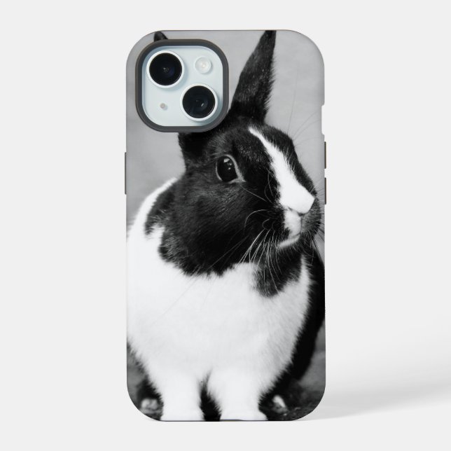 Coque iPhone 15 Photo lapin noir et blanc Personnalisable (Verso)