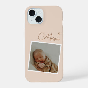 Coque iPhone 15 Photo personnalisé minimaliste beige écriture