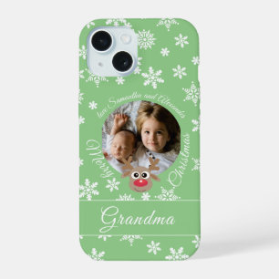 Coque iPhone 15 Photo Turquoise Noël blanc Script mignon Reindeer