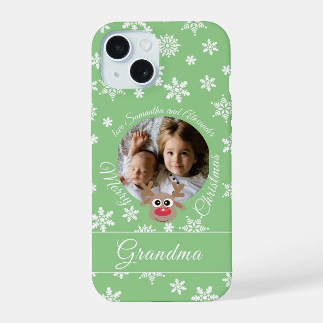 Coque iPhone 15 Photo Turquoise Noël blanc Script mignon Reindeer (Verso)