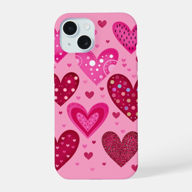 Coque iPhone 15 Pink and Red Patterned Hearts (Verso)