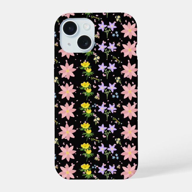Coque iPhone 15 Pink and Yellow Spring Floral Pattern on Black - i (Verso)