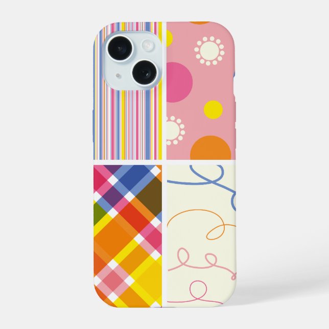 Coque iPhone 15 Pink Fuchsia Plaid Stripes Points Scribbles Motif (Verso)