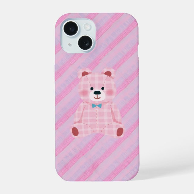 Coque iPhone 15 Pink Gingham Bear and Diagonal Stripes Phone Case (Verso)