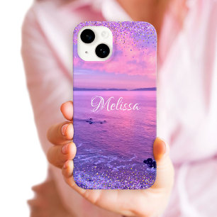 Coque iPhone 15 Pink Purple Ocean Sunset Girl Glam Confetti Nom