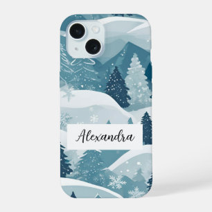 Coque iPhone 15 Pins avec couche de neige Design Forêt d'hiver