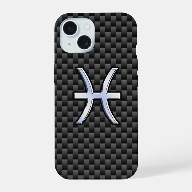 Coque iPhone 15 Pisces Zodiac Sign on Carbon Fibre Print (Verso)