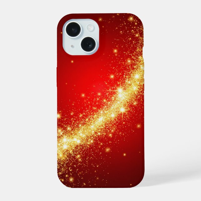 Coque iPhone 15 Piste dorée scintillante sur fond rouge vibrant (Verso)