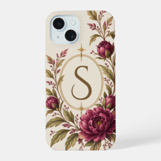 Coque iPhone 15 Pivoine Bourgogne Ivoire Monogramme Botanique