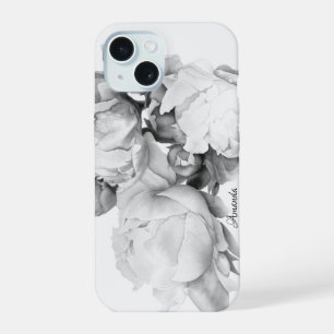 Coque iPhone 15 Pivoine élégante noir blanc art aquarelle florale 