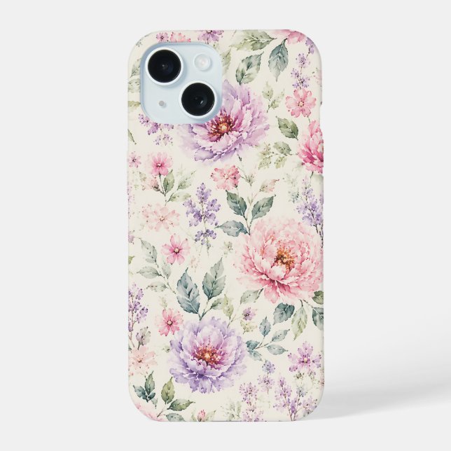 Coque iPhone 15 Pivoine Florale Aquarelle Douce (Verso)