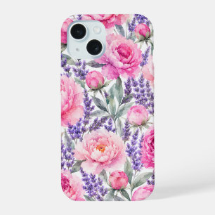 Coque iPhone 15 Pivoines roses & Lavande Motif floral aquarelle