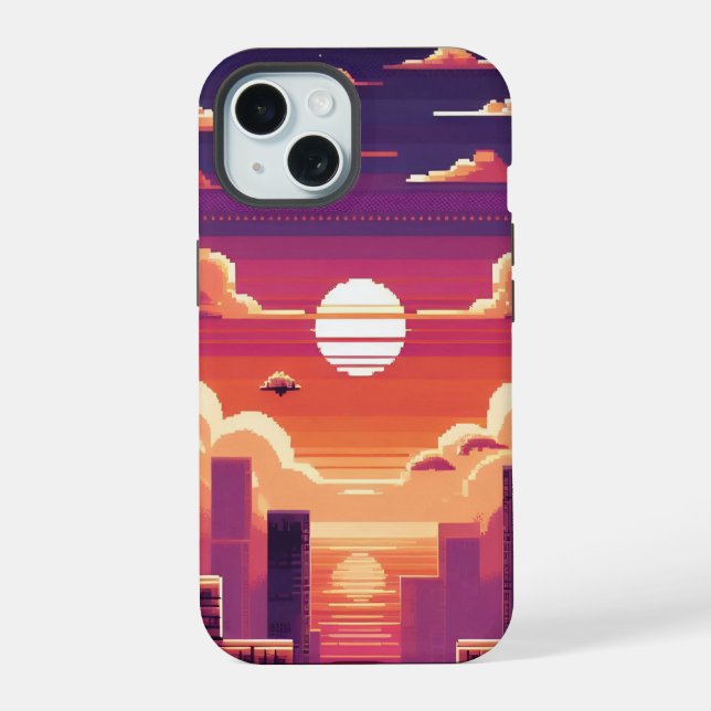 Coque iPhone 15 Pixel Sunset City (Verso)