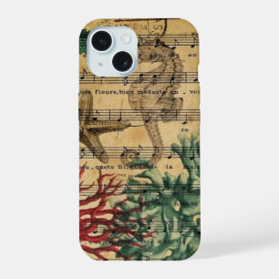 Coque iPhone 15 plage chic côtière corail hippocampe coquillage