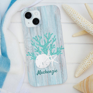 Coque iPhone 15 Plage Côtière Bois Aqua Paillettes Personnalisé