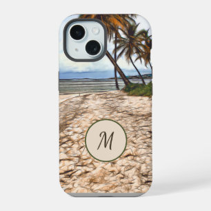 Coque iPhone 15 Plage tropicale Palmiers Océan Monogramme