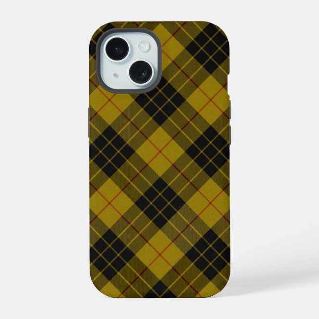 Coque iPhone 15 Plaque noire jaune tartan MacLeod (Verso)