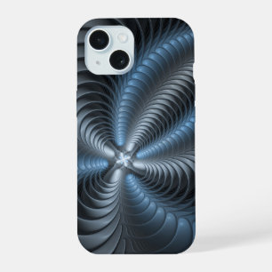 Coque iPhone 15 Plastique bleu gris 3D Fractal Art moderne Abstrai