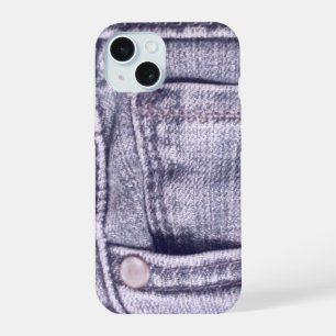 Coque iPhone 15 Poche de jeans bleu, tissu, coutures, rivet