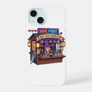 Coque iPhone 15 Point de sauvegarde ici Voyageur - Art pixel 16 bi
